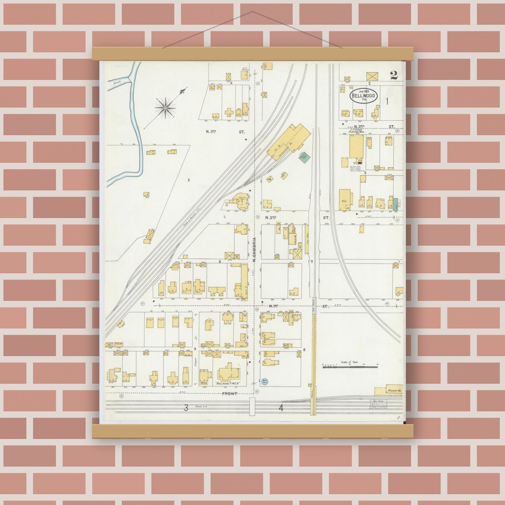 Old map wall art mockup — magnetic wood frame on brick wall — Sanborn Fire Insurance Map from Bellwood, Blair County, Pennsylvania (1899), Sheet #0002