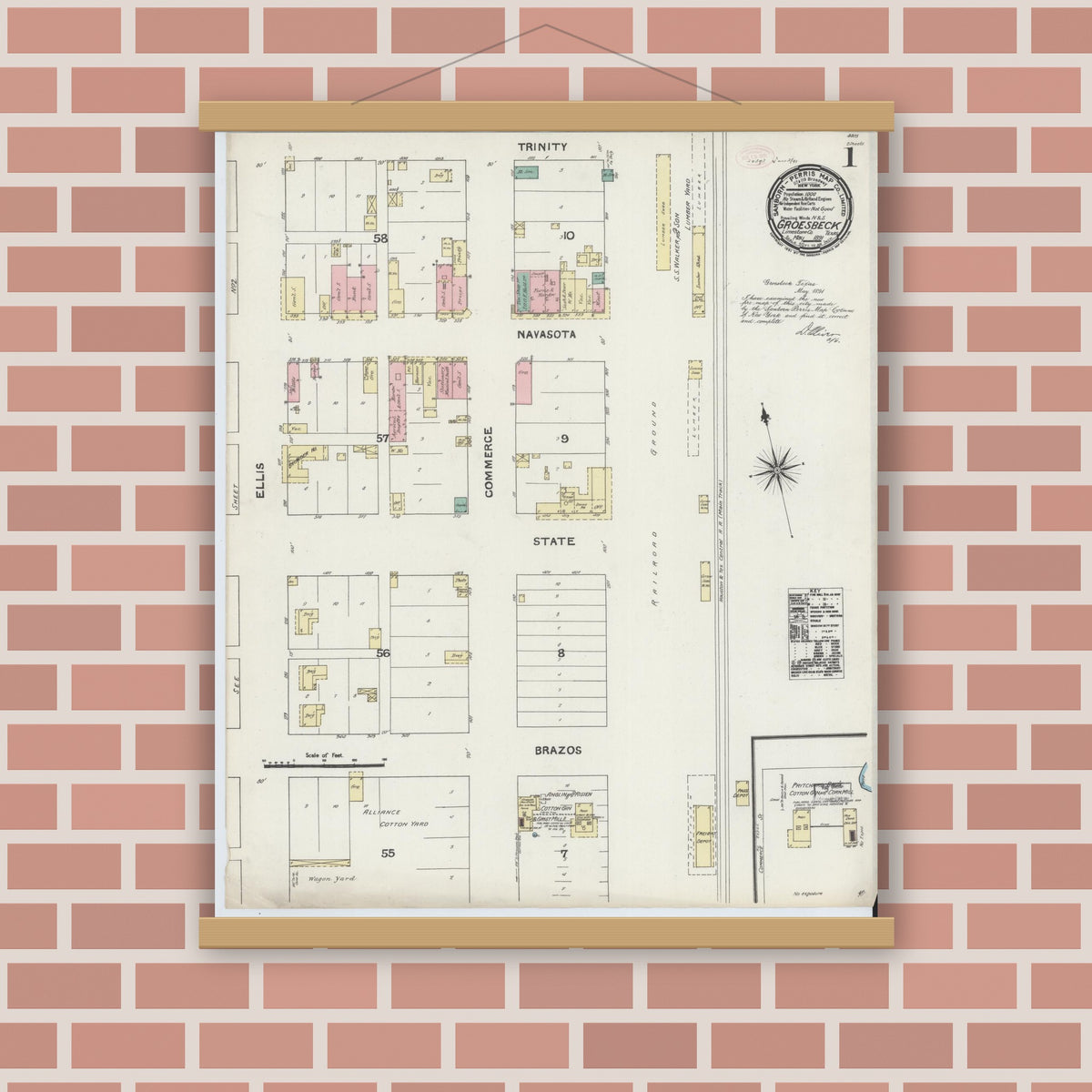 Old map wall art mockup — magnetic wood frame on brick wall — Sanborn Fire Insurance Map from Groesbeck, Limestone County, Texas (1891) - Complete Map Set