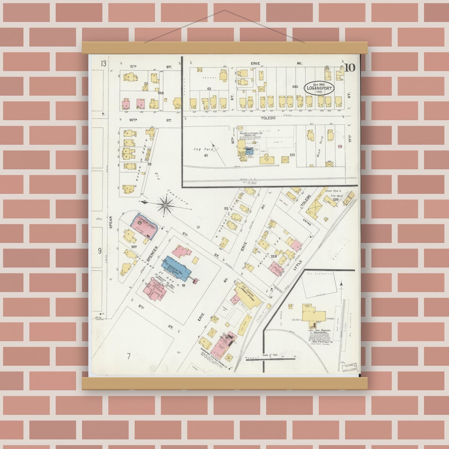 Old map wall art mockup — magnetic wood frame on brick wall — Sanborn Fire Insurance Map from Logansport, Cass County, Indiana (1906), Sheet #0010