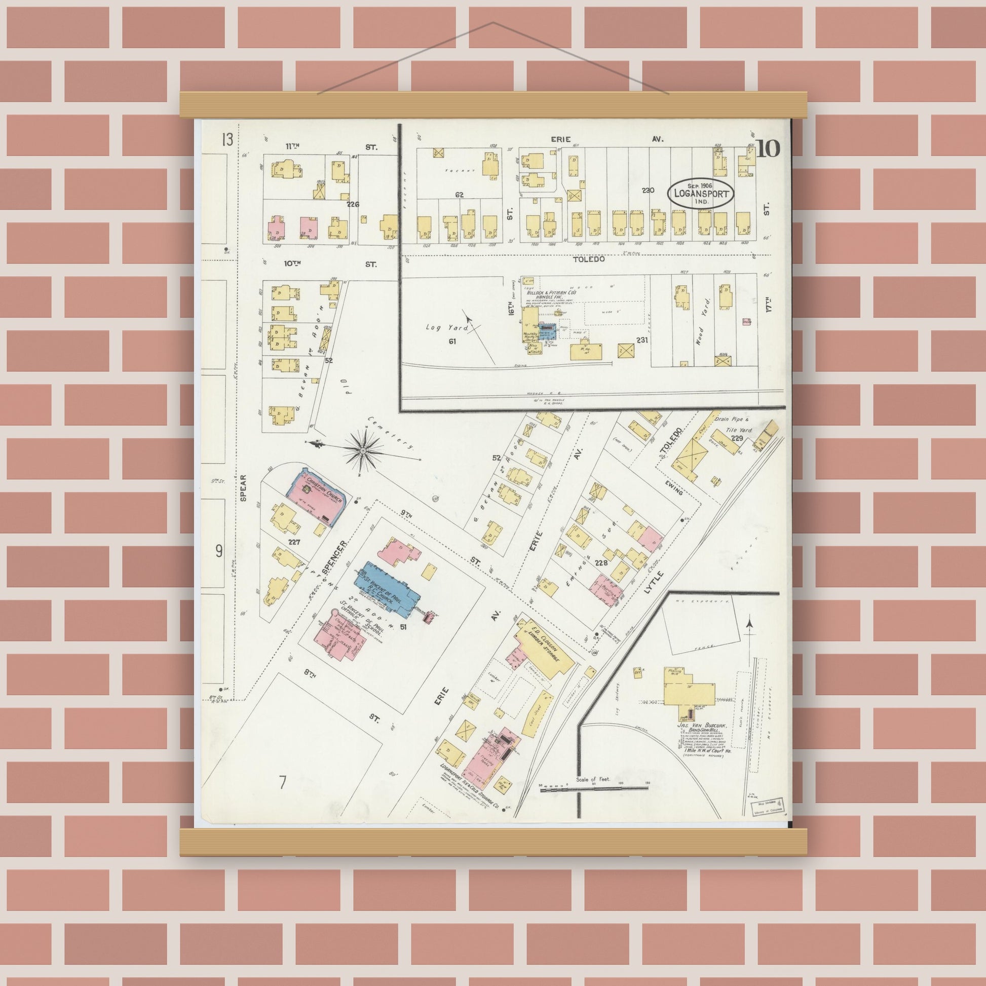 Old map wall art mockup — magnetic wood frame on brick wall — Sanborn Fire Insurance Map from Logansport, Cass County, Indiana (1906), Sheet #0010