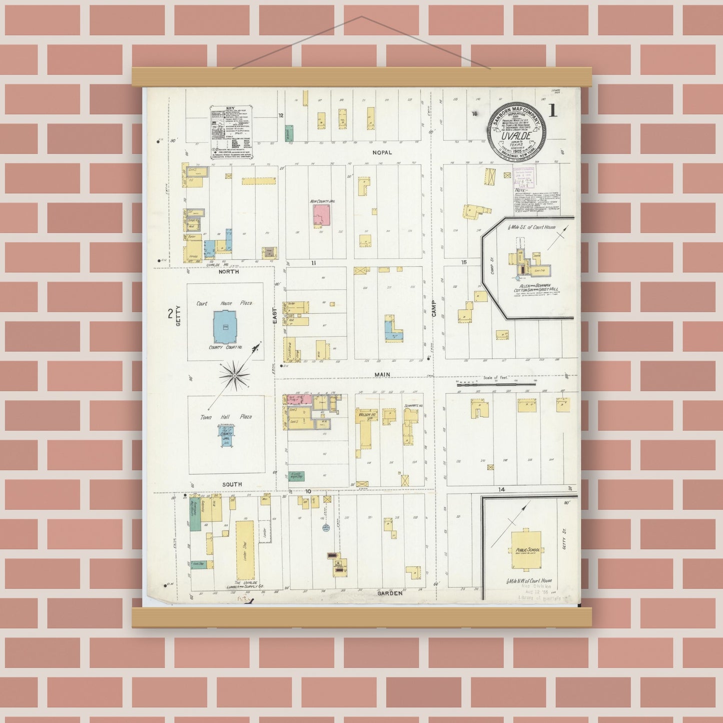 Old map wall art mockup — magnetic wood frame on brick wall — Sanborn Fire Insurance Map from Uvalde, Uvalde County, Texas (1905) - Complete Map Set