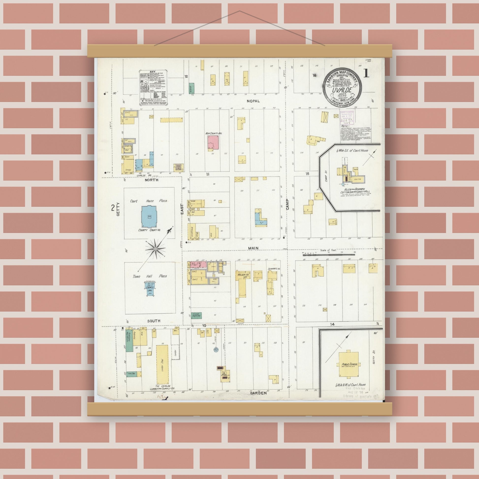 Old map wall art mockup — magnetic wood frame on brick wall — Sanborn Fire Insurance Map from Uvalde, Uvalde County, Texas (1905) - Complete Map Set