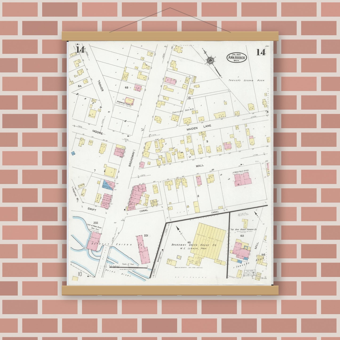 Old map wall art mockup — magnetic wood frame on brick wall — Sanborn Fire Insurance Map from Ann Arbor, Washtenaw County, Michigan (1925), Sheet #0014