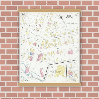Old map wall art mockup — magnetic wood frame on brick wall — Sanborn Fire Insurance Map from Ann Arbor, Washtenaw County, Michigan (1925), Sheet #0014