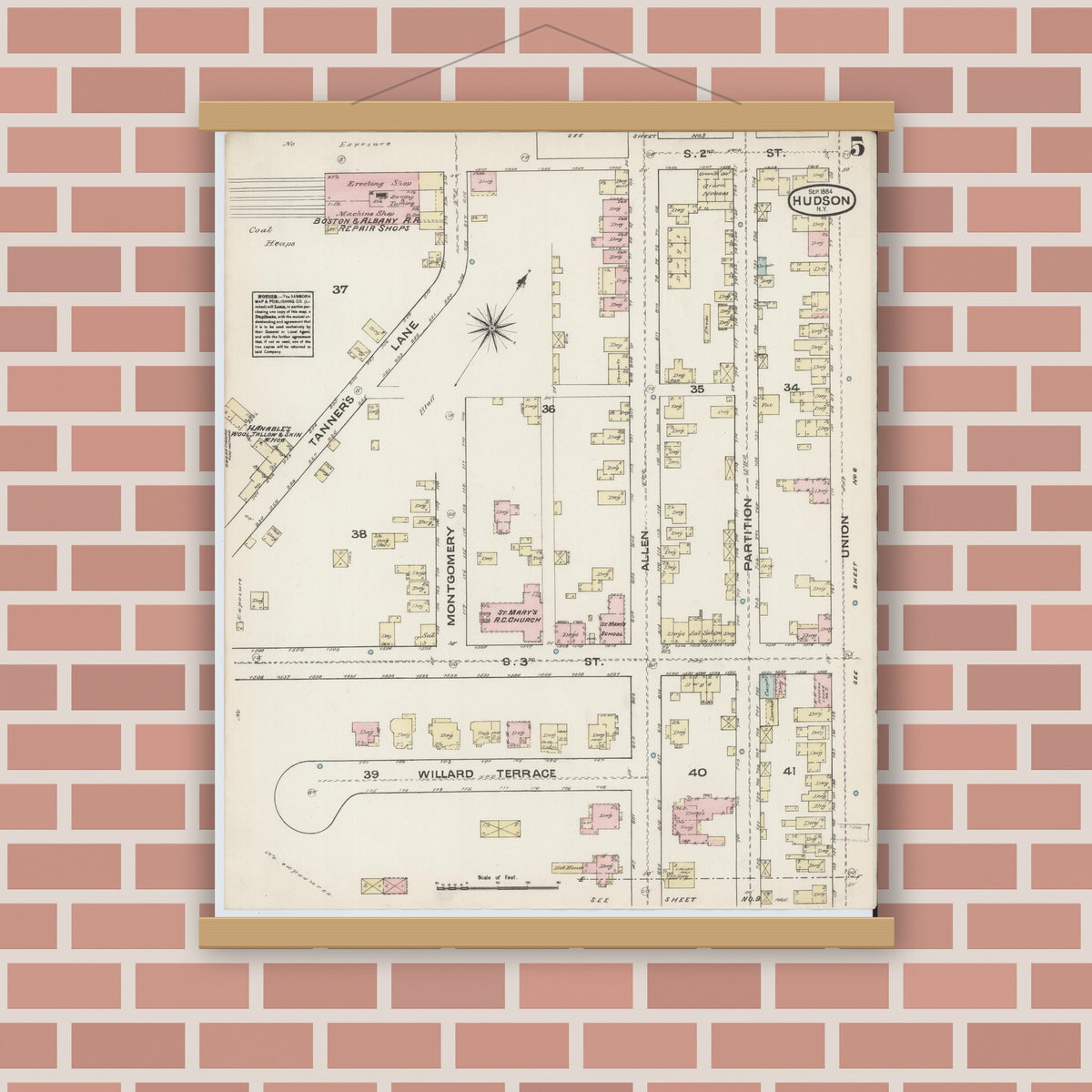 Old map wall art mockup — magnetic wood frame on brick wall — Sanborn Fire Insurance Map from Hudson, Columbia County, New York (1884), Sheet #0005