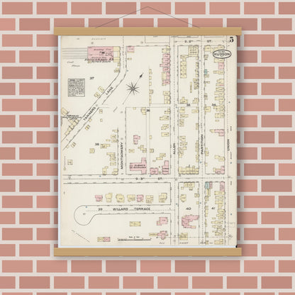 Old map wall art mockup — magnetic wood frame on brick wall — Sanborn Fire Insurance Map from Hudson, Columbia County, New York (1884), Sheet #0005