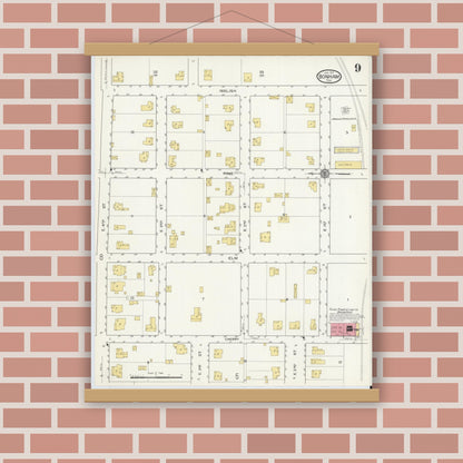 Old map wall art mockup — magnetic wood frame on brick wall — Sanborn Fire Insurance Map from Bonham, Fannin County, Texas (1917), Sheet #0009
