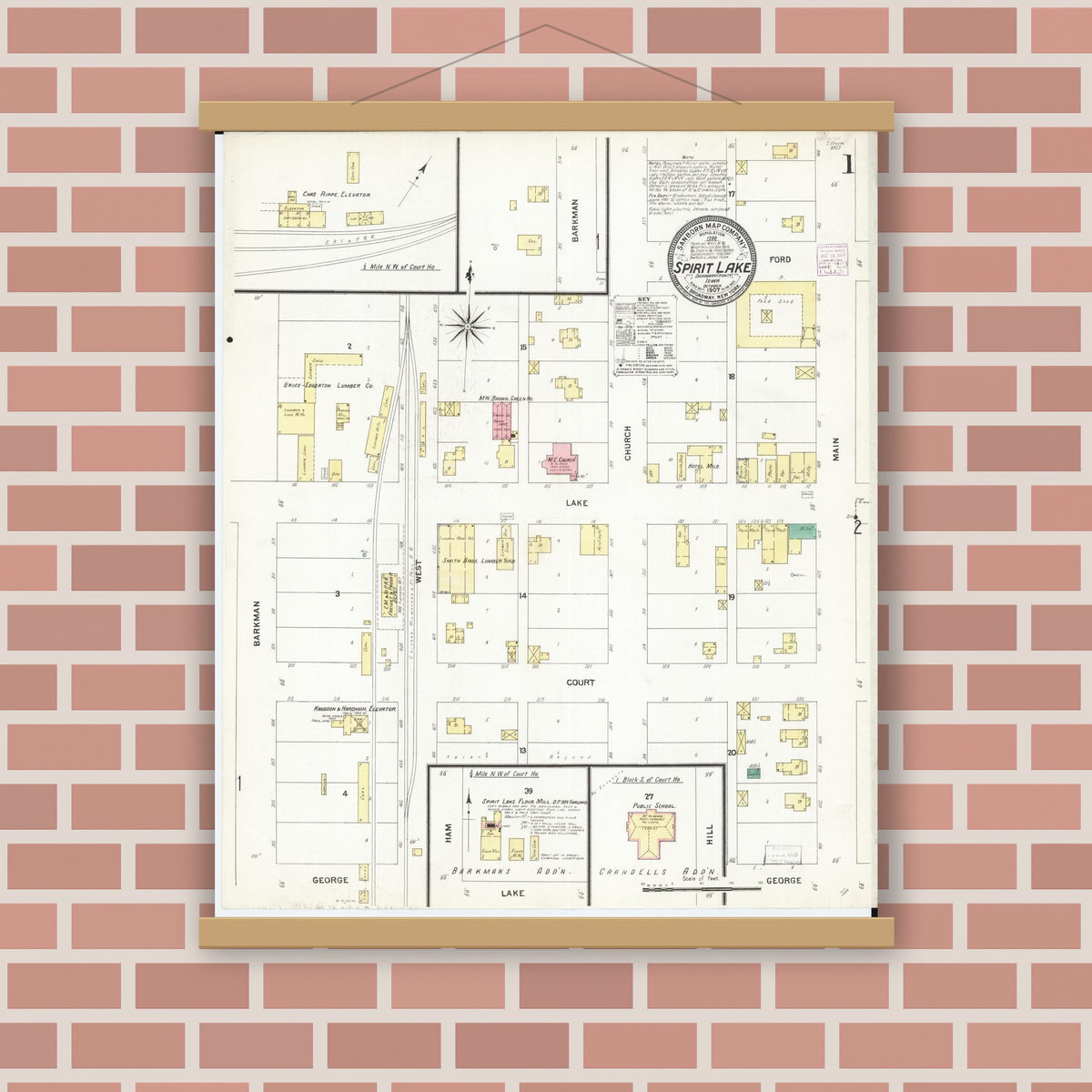 Old map wall art mockup — magnetic wood frame on brick wall — Sanborn Fire Insurance Map from Spirit Lake, Dickinson County, Iowa (1907) â€” Complete Set