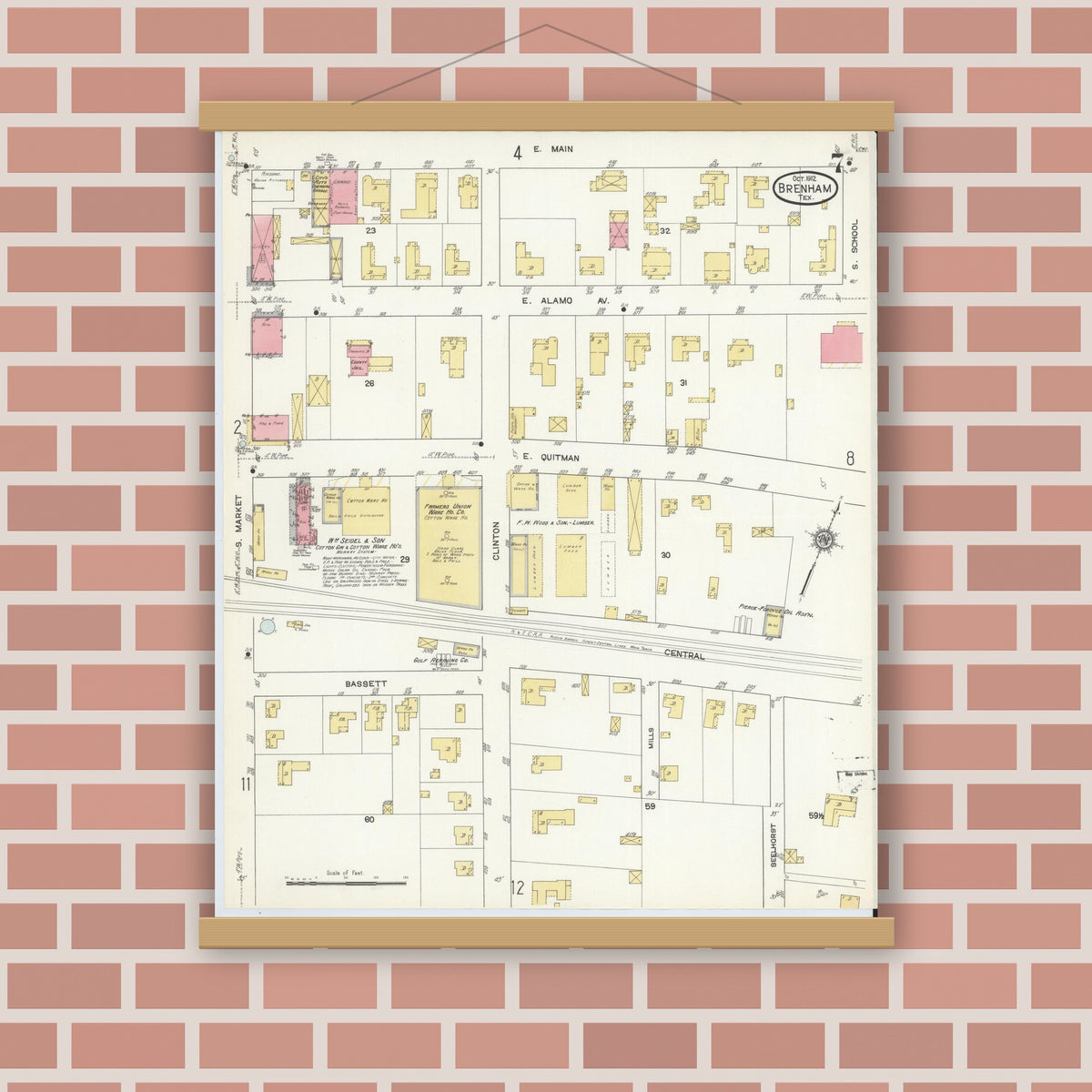 Old map wall art mockup — magnetic wood frame on brick wall — Sanborn Fire Insurance Map from Brenham, Washington County, Texas (1912), Sheet #0007