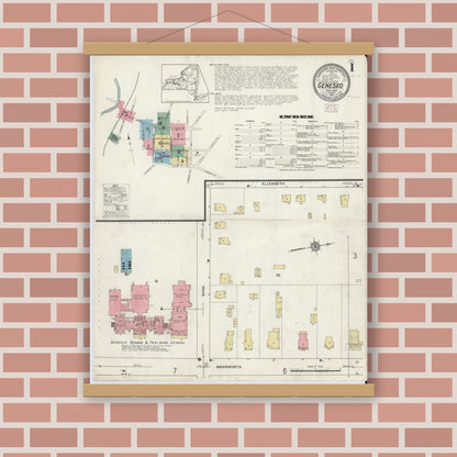 Old map wall art mockup — magnetic wood frame on brick wall — Sanborn Fire Insurance Map from Geneseo, Livingston County, New York (1913), Sheet #0001