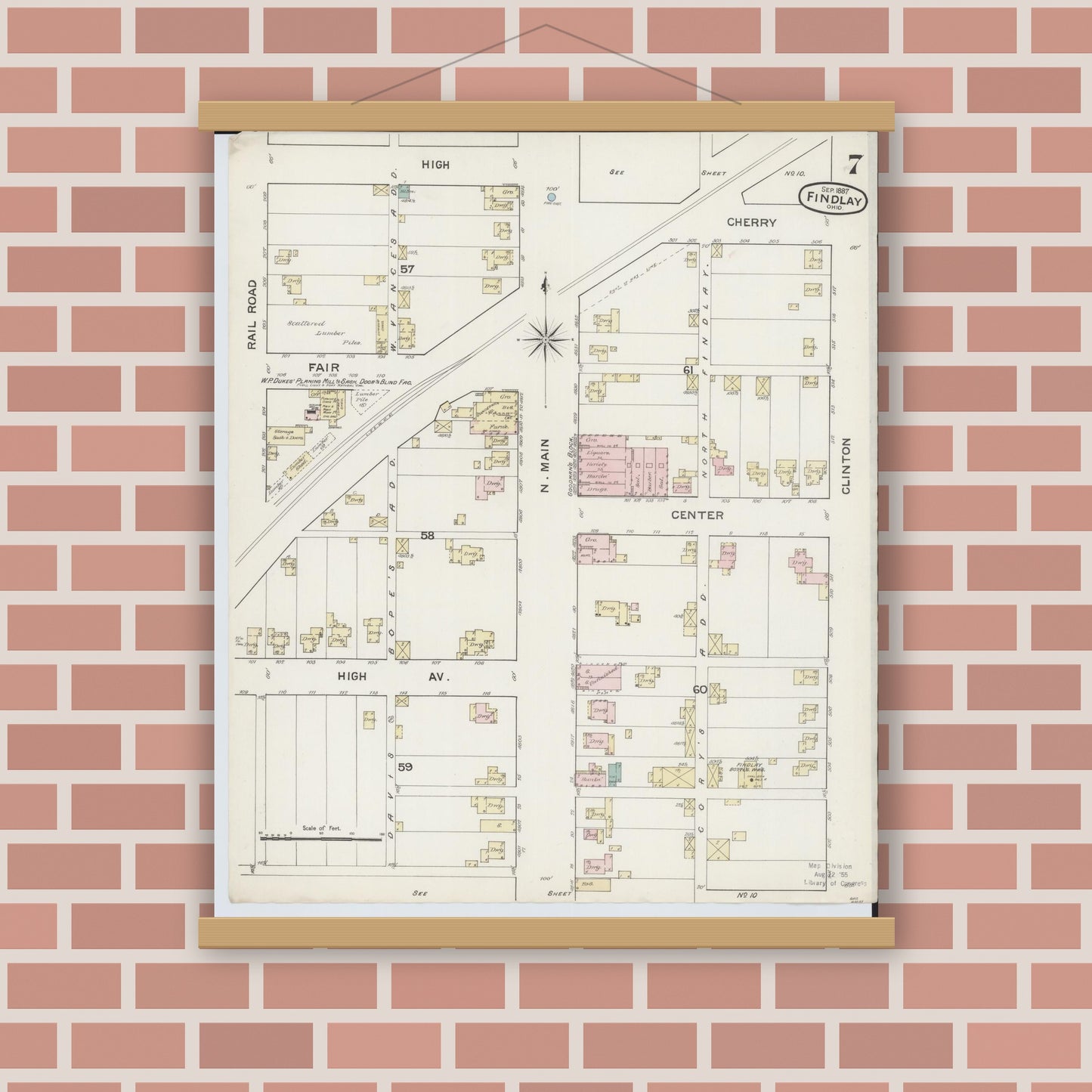 Old map wall art mockup — magnetic wood frame on brick wall — Sanborn Fire Insurance Map from Findlay, Hancock County, Ohio (1887), Sheet #0007