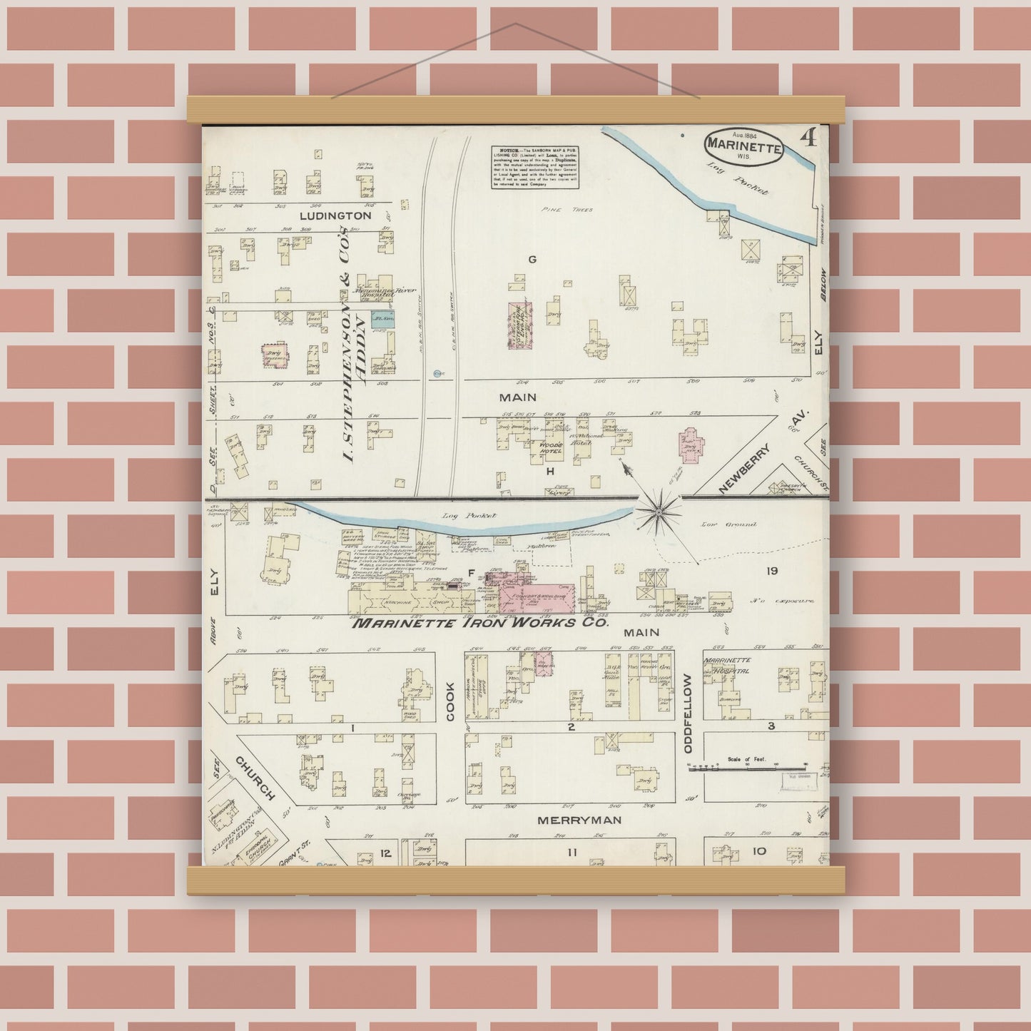 Old map wall art mockup — magnetic wood frame on brick wall — Sanborn Fire Insurance Map from Marinette, Marinette County, Wisconsin (1884), Sheet #0004