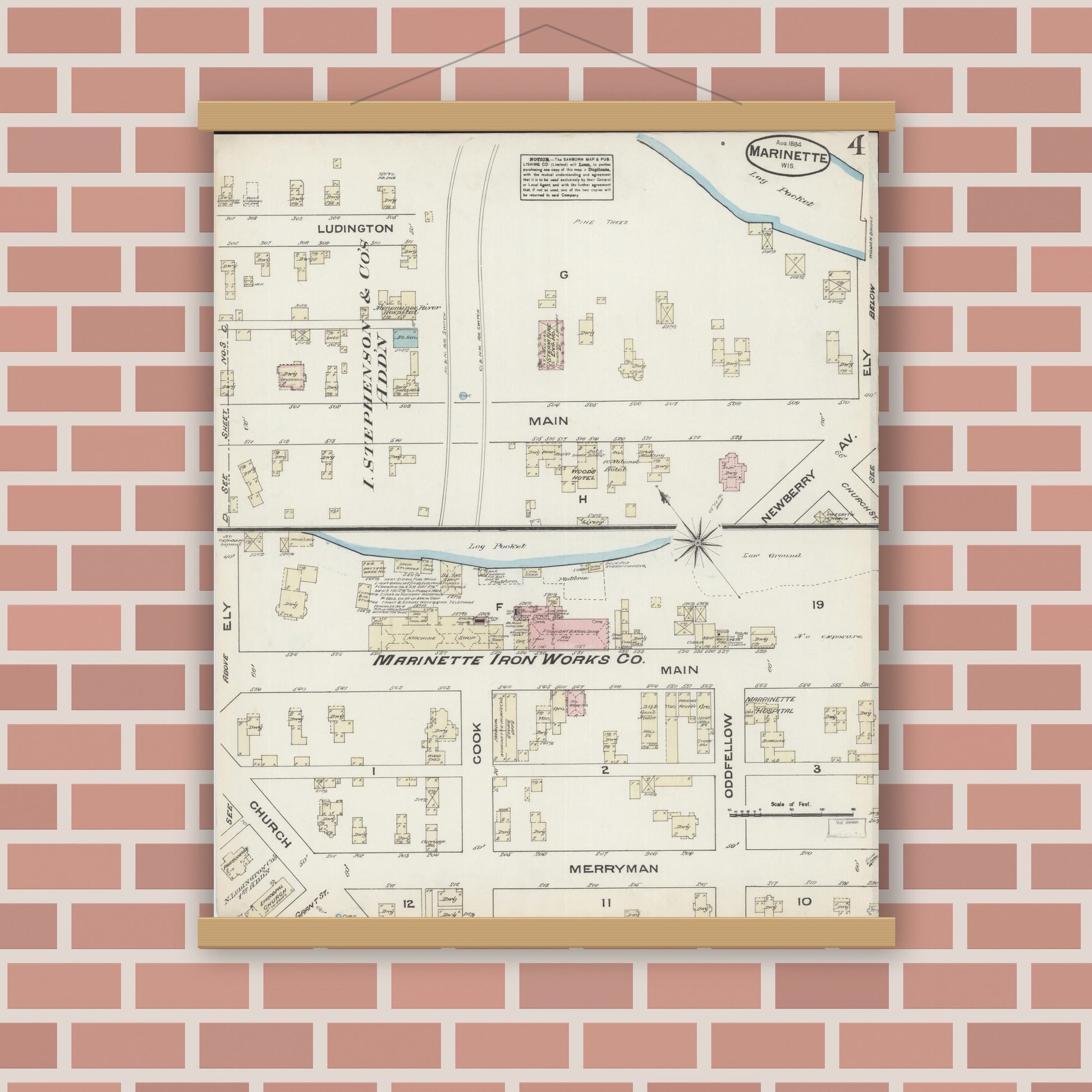 Old map wall art mockup — magnetic wood frame on brick wall — Sanborn Fire Insurance Map from Marinette, Marinette County, Wisconsin (1884), Sheet #0004