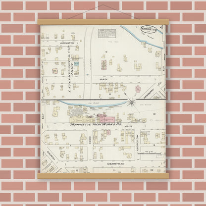 Old map wall art mockup — magnetic wood frame on brick wall — Sanborn Fire Insurance Map from Marinette, Marinette County, Wisconsin (1884), Sheet #0004