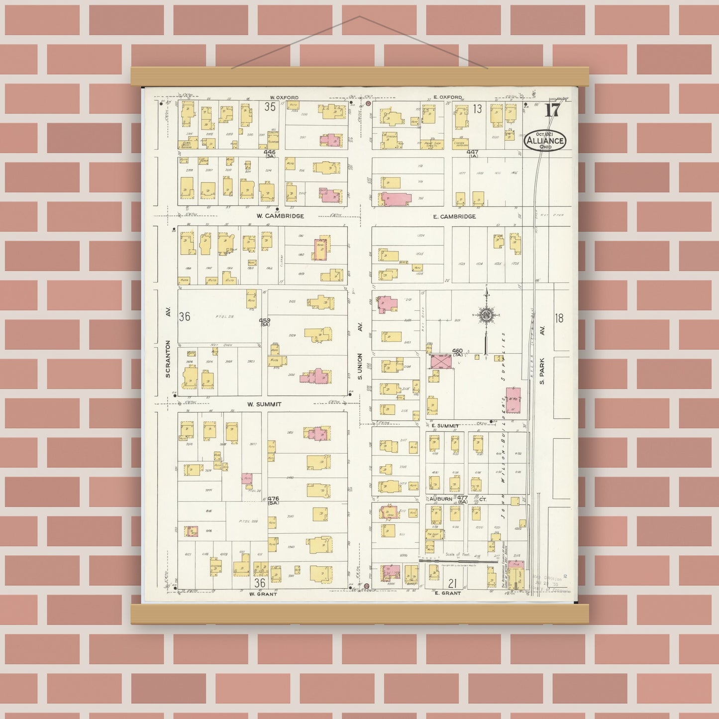 Old map wall art mockup — magnetic wood frame on brick wall — Sanborn Fire Insurance Map from Alliance, Stark County, Ohio (1921), Sheet #0017