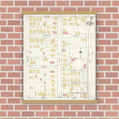 Old map wall art mockup — magnetic wood frame on brick wall — Sanborn Fire Insurance Map from Alliance, Stark County, Ohio (1921), Sheet #0017