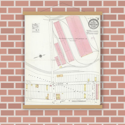 Old map wall art mockup — magnetic wood frame on brick wall — Sanborn Fire Insurance Map from Trafford, Westmoreland County, Pennsylvania (1909), Sheet #0001