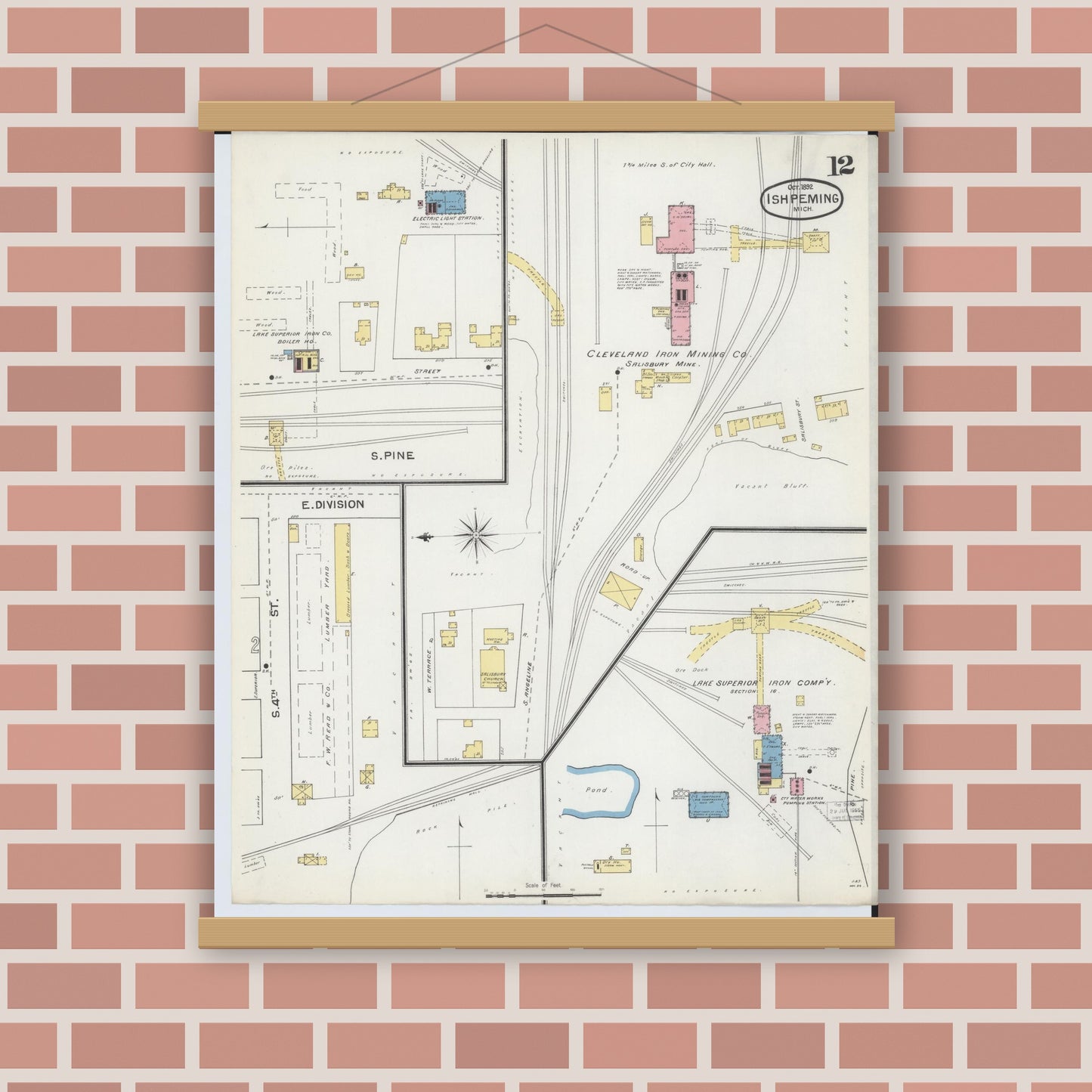 Old map wall art mockup — magnetic wood frame on brick wall — Sanborn Fire Insurance Map from Ishpeming, Marquette County, Michigan (1892), Sheet #0012