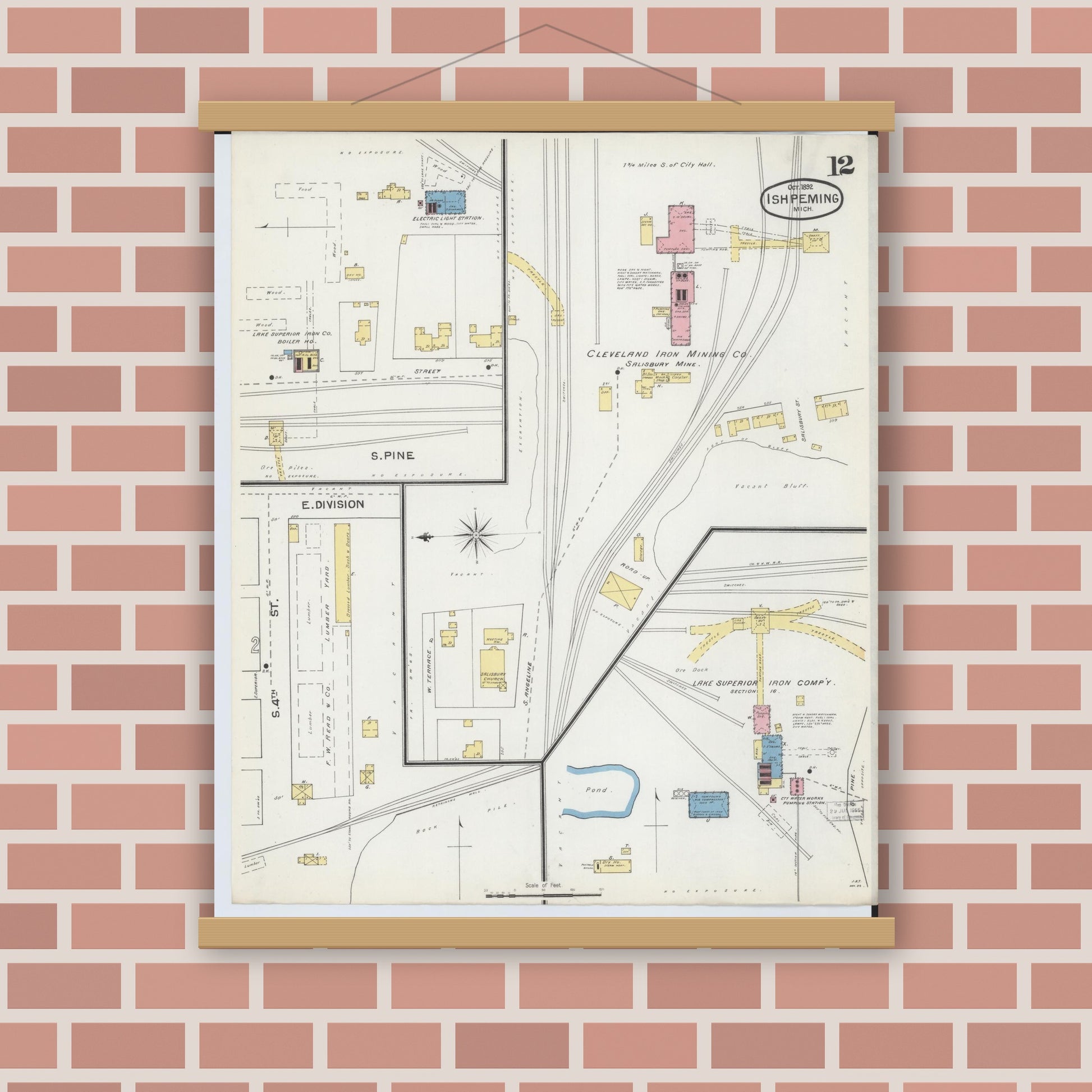 Old map wall art mockup — magnetic wood frame on brick wall — Sanborn Fire Insurance Map from Ishpeming, Marquette County, Michigan (1892), Sheet #0012