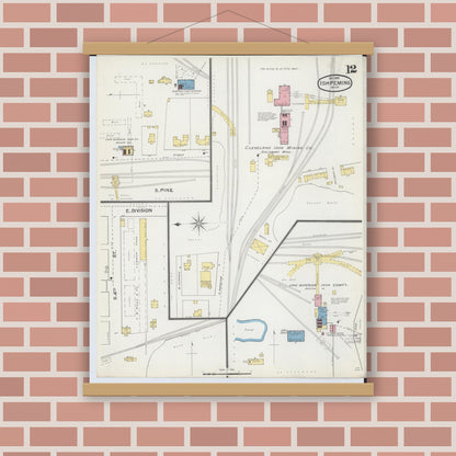 Old map wall art mockup — magnetic wood frame on brick wall — Sanborn Fire Insurance Map from Ishpeming, Marquette County, Michigan (1892), Sheet #0012
