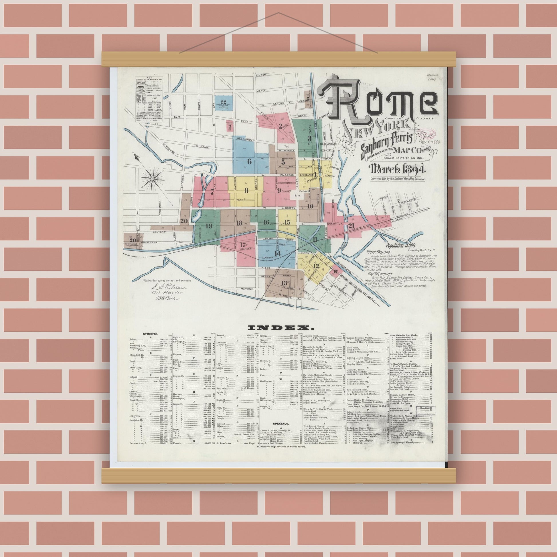 Old map wall art mockup — magnetic wood frame on brick wall — Sanborn Fire Insurance Map from Rome, Oneida County, New York (1894), Sheet #0001