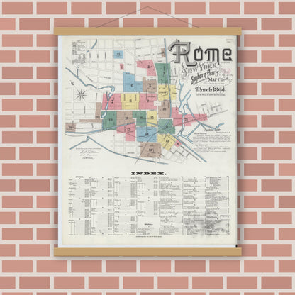 Old map wall art mockup — magnetic wood frame on brick wall — Sanborn Fire Insurance Map from Rome, Oneida County, New York (1894), Sheet #0001