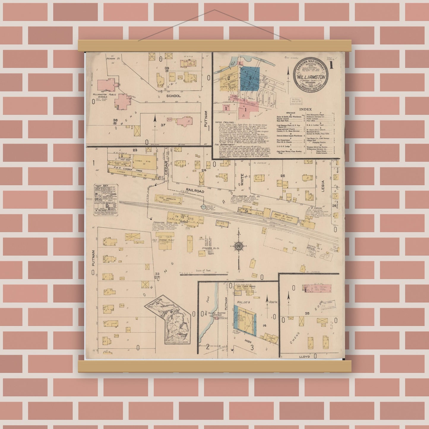 Old map wall art mockup — magnetic wood frame on brick wall — Sanborn Fire Insurance Map from Williamston, Ingham County, Michigan (1922), Sheet #0001