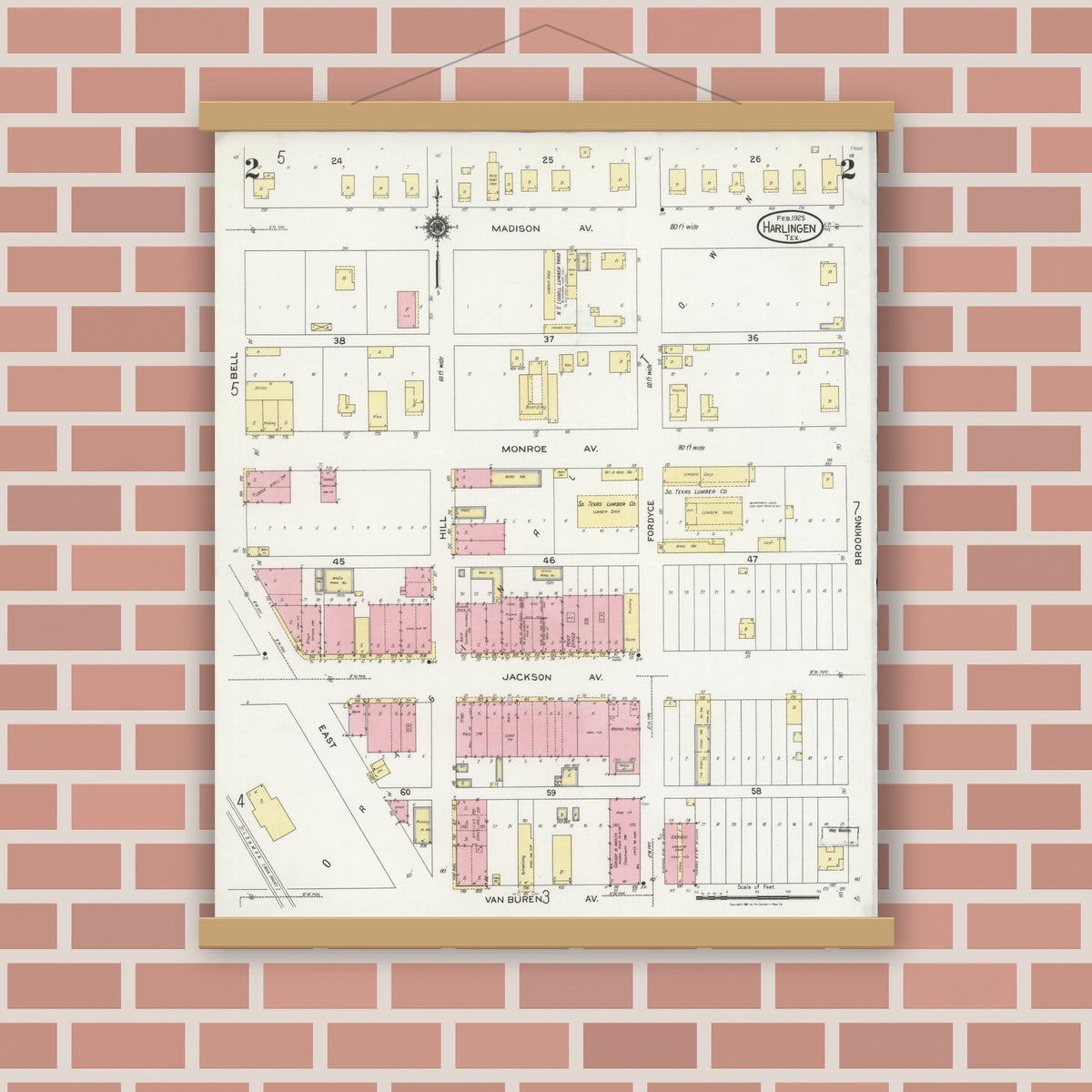 Old map wall art mockup — magnetic wood frame on brick wall — Sanborn Fire Insurance Map from Harlingen, Cameron County, Texas (1925), Sheet #0002