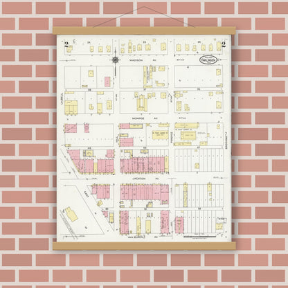 Old map wall art mockup — magnetic wood frame on brick wall — Sanborn Fire Insurance Map from Harlingen, Cameron County, Texas (1925), Sheet #0002