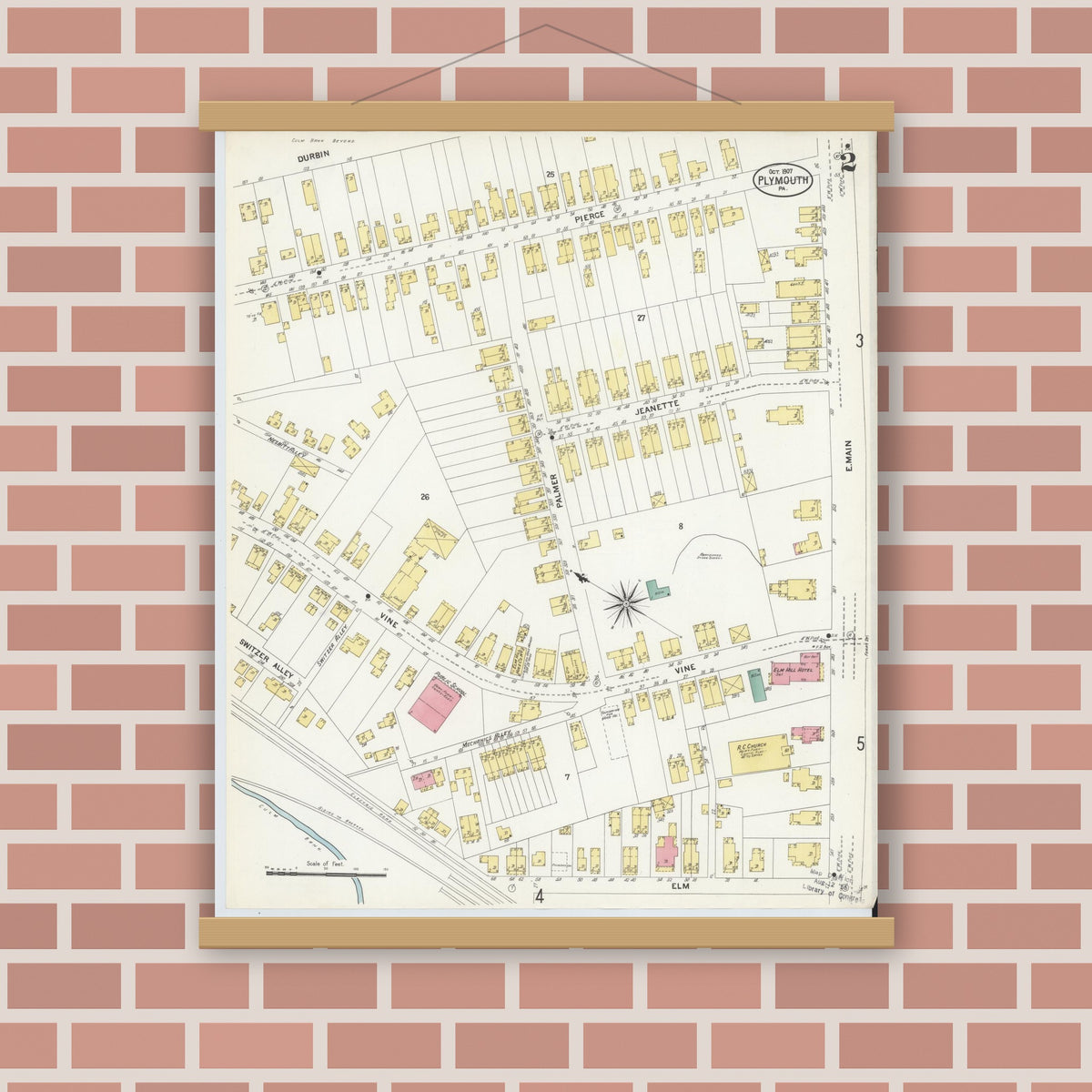 Old map wall art mockup — magnetic wood frame on brick wall — Sanborn Fire Insurance Map from Plymouth, Luzerne County, Pennsylvania (1907), Sheet #0002