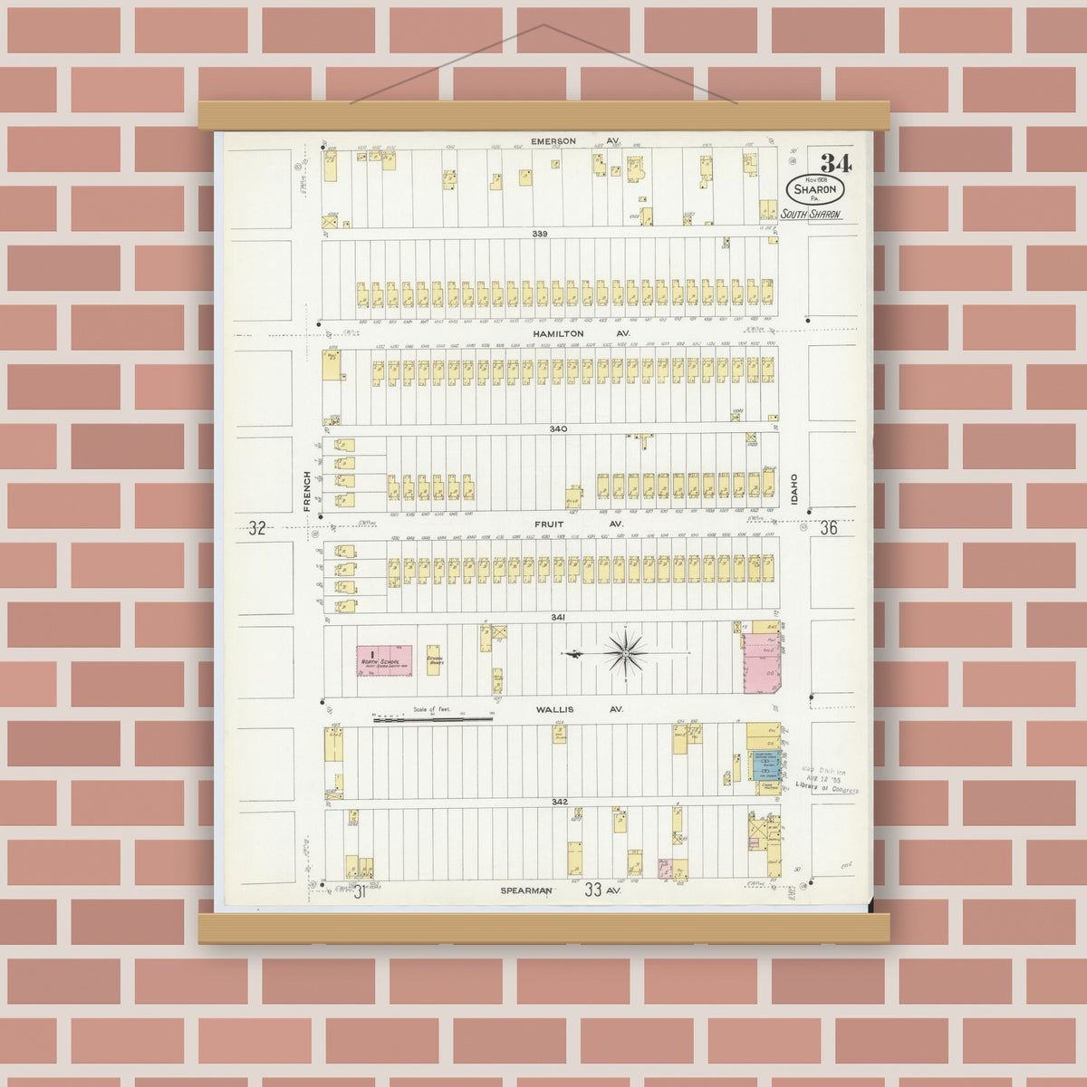 Old map wall art mockup — magnetic wood frame on brick wall — Sanborn Fire Insurance Map from Sharon, Mercer County, Pennsylvania (1908), Sheet #0034