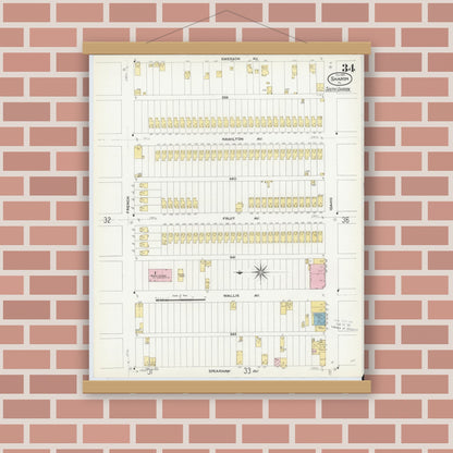 Old map wall art mockup — magnetic wood frame on brick wall — Sanborn Fire Insurance Map from Sharon, Mercer County, Pennsylvania (1908), Sheet #0034