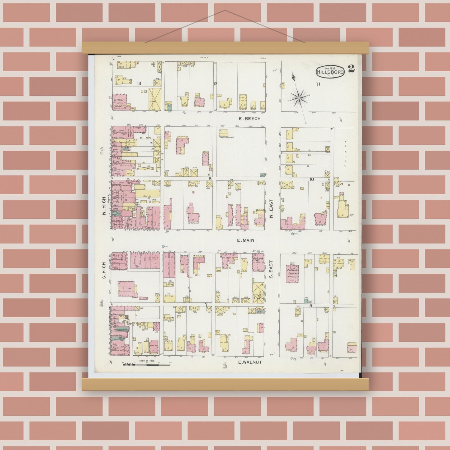 Old map wall art mockup — magnetic wood frame on brick wall — Sanborn Fire Insurance Map from Hillsboro, Highland County, Ohio (1893), Sheet #0002