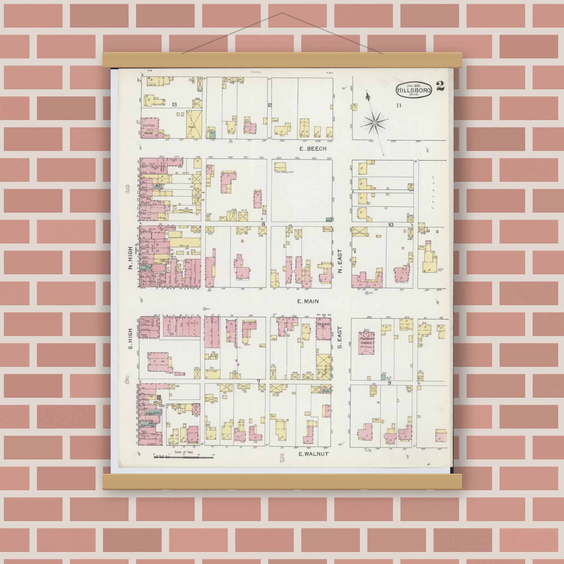 Old map wall art mockup — magnetic wood frame on brick wall — Sanborn Fire Insurance Map from Hillsboro, Highland County, Ohio (1893), Sheet #0002