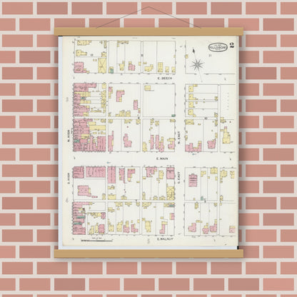 Old map wall art mockup — magnetic wood frame on brick wall — Sanborn Fire Insurance Map from Hillsboro, Highland County, Ohio (1893), Sheet #0002