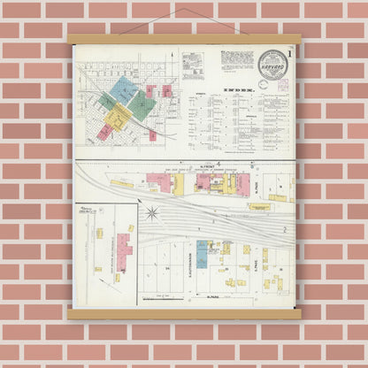 Old map wall art mockup — magnetic wood frame on brick wall — Sanborn Fire Insurance Map from Harvard, McHenry County, Illinois (1902), Sheet #0001