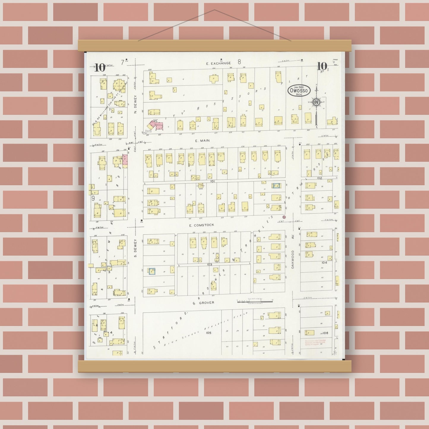 Old map wall art mockup — magnetic wood frame on brick wall — Sanborn Fire Insurance Map from Owosso, Shiawassee County, Michigan (1930), Sheet #0010