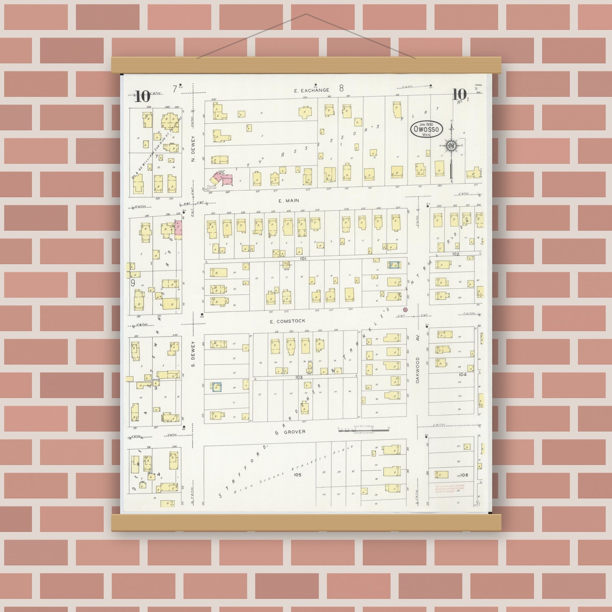 Old map wall art mockup — magnetic wood frame on brick wall — Sanborn Fire Insurance Map from Owosso, Shiawassee County, Michigan (1930), Sheet #0010