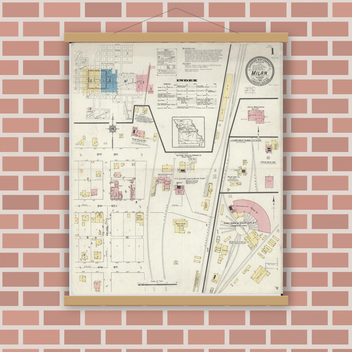 Old map wall art mockup — magnetic wood frame on brick wall — Sanborn Fire Insurance Map from Milan, Sullivan County, Missouri (1914) - Complete Map Set