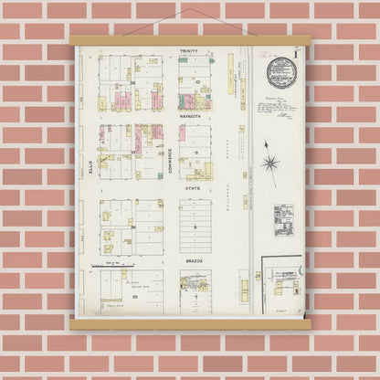 Old map wall art mockup — magnetic wood frame on brick wall — Sanborn Fire Insurance Map from Groesbeck, Limestone County, Texas (1891), Sheet #0001