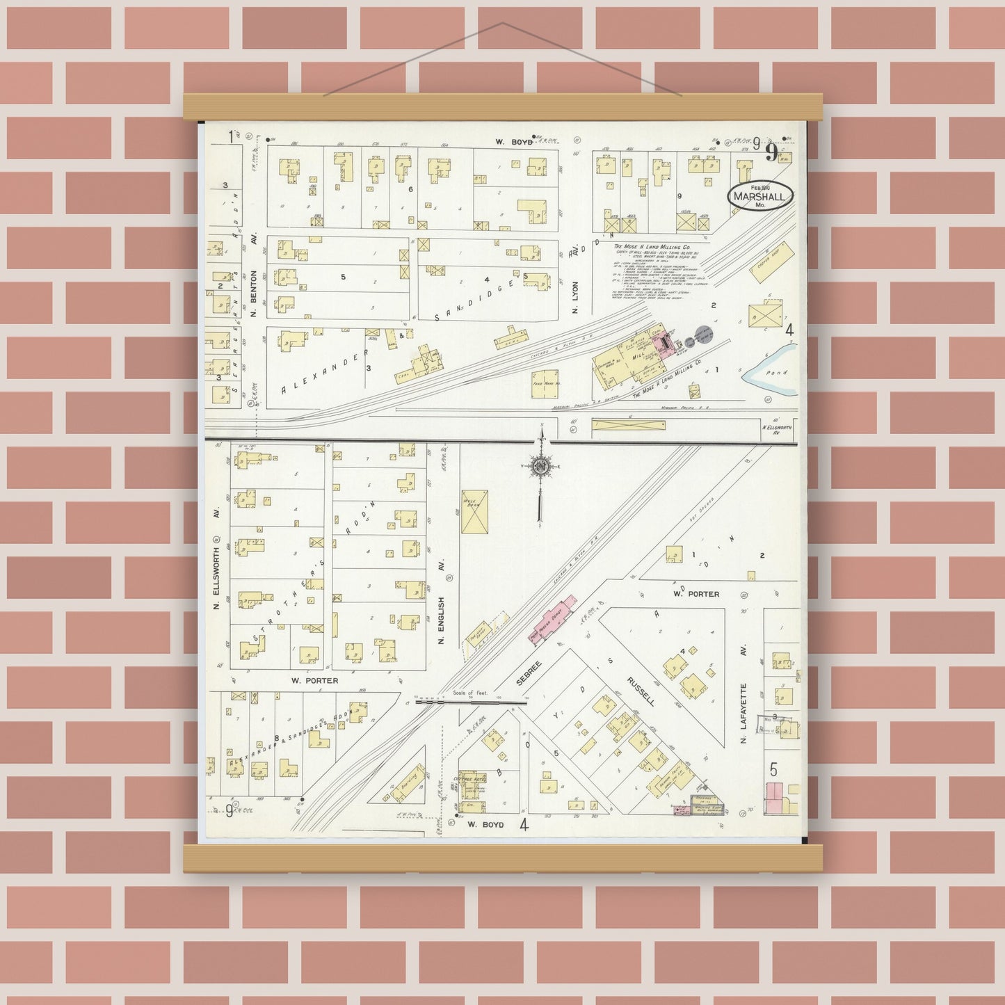 Old map wall art mockup — magnetic wood frame on brick wall — Sanborn Fire Insurance Map from Marshall, Saline County, Missouri (1910), Sheet #0009