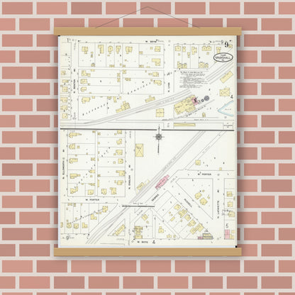 Old map wall art mockup — magnetic wood frame on brick wall — Sanborn Fire Insurance Map from Marshall, Saline County, Missouri (1910), Sheet #0009