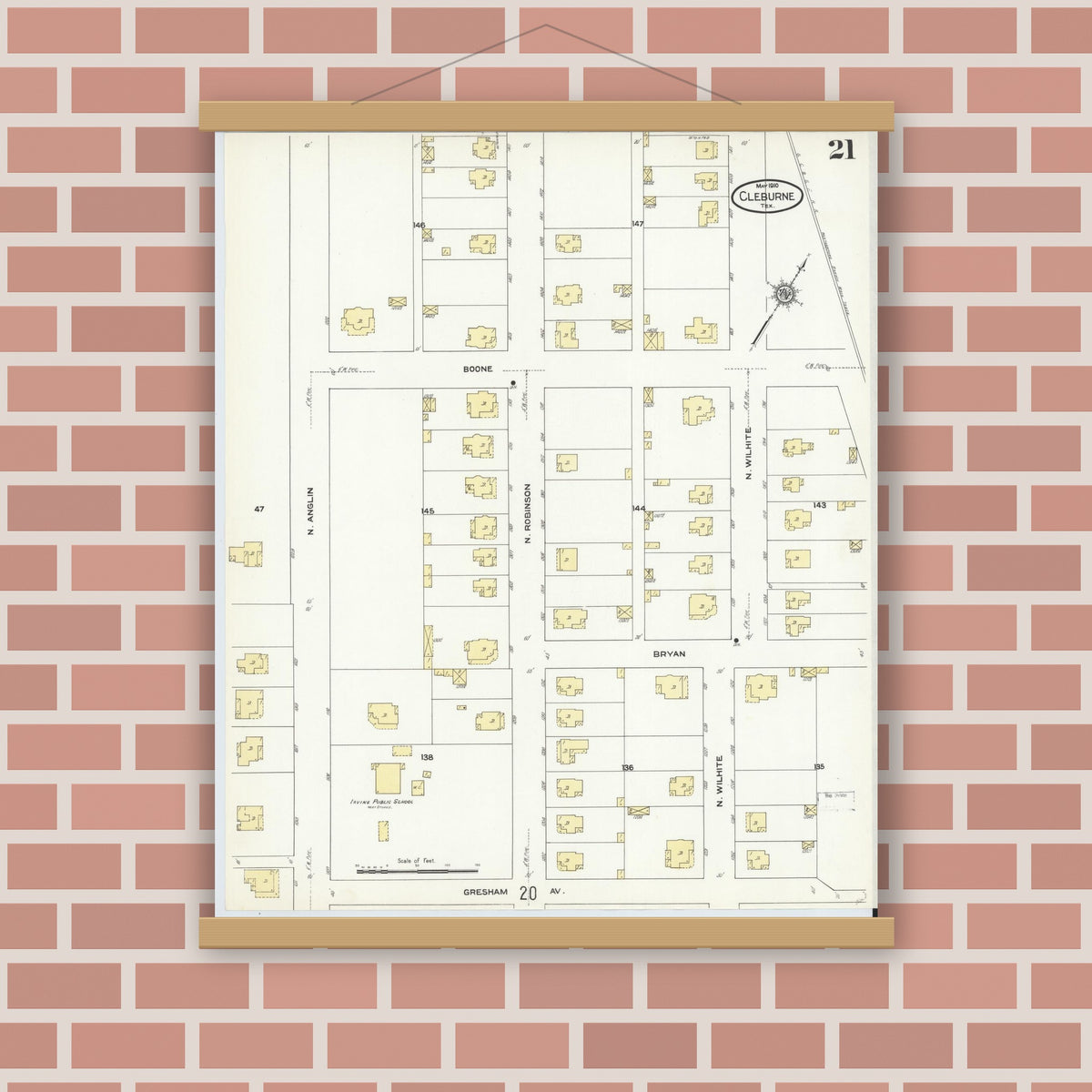 Old map wall art mockup — magnetic wood frame on brick wall — Sanborn Fire Insurance Map from Cleburne, Johnson County, Texas (1910), Sheet #0021