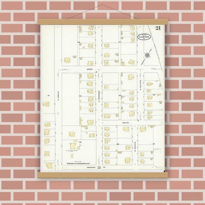 Old map wall art mockup — magnetic wood frame on brick wall — Sanborn Fire Insurance Map from Cleburne, Johnson County, Texas (1910), Sheet #0021