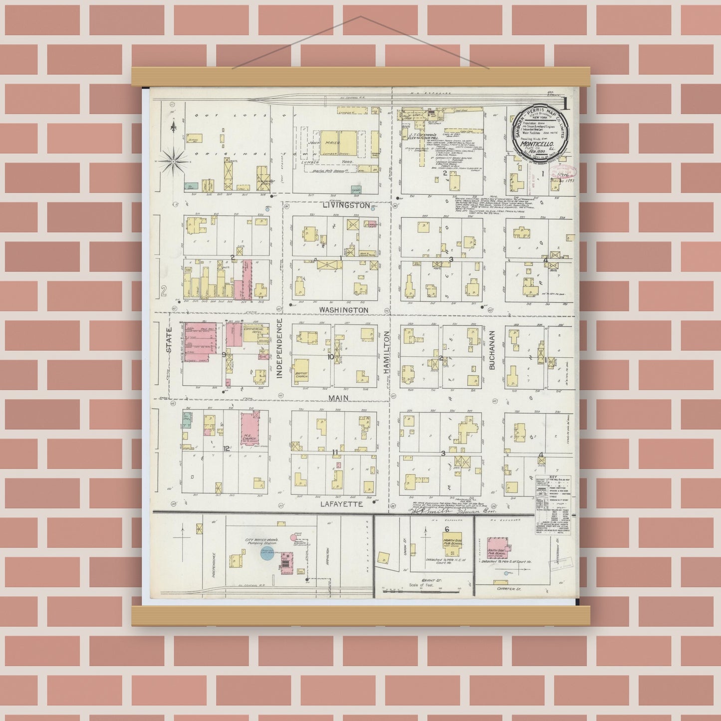 Old map wall art mockup — magnetic wood frame on brick wall — Sanborn Fire Insurance Map from Monticello, Piatt County, Illinois (1893) - Complete Map Set
