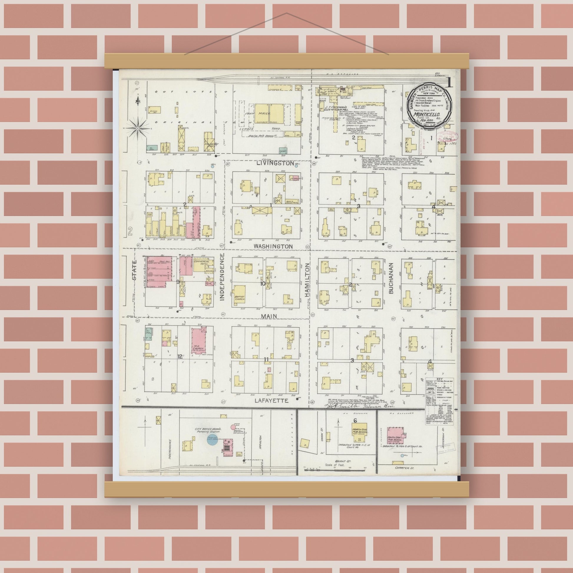 Old map wall art mockup — magnetic wood frame on brick wall — Sanborn Fire Insurance Map from Monticello, Piatt County, Illinois (1893) - Complete Map Set