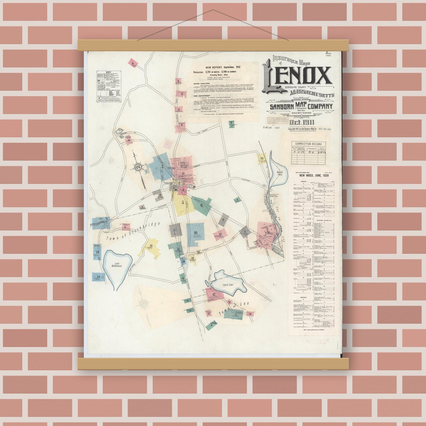 Old map wall art mockup — magnetic wood frame on brick wall — Sanborn Fire Insurance Map from Lenox, Berkshire County, Massachusetts (1939) - Complete Map Set
