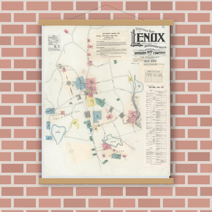 Old map wall art mockup — magnetic wood frame on brick wall — Sanborn Fire Insurance Map from Lenox, Berkshire County, Massachusetts (1939) - Complete Map Set
