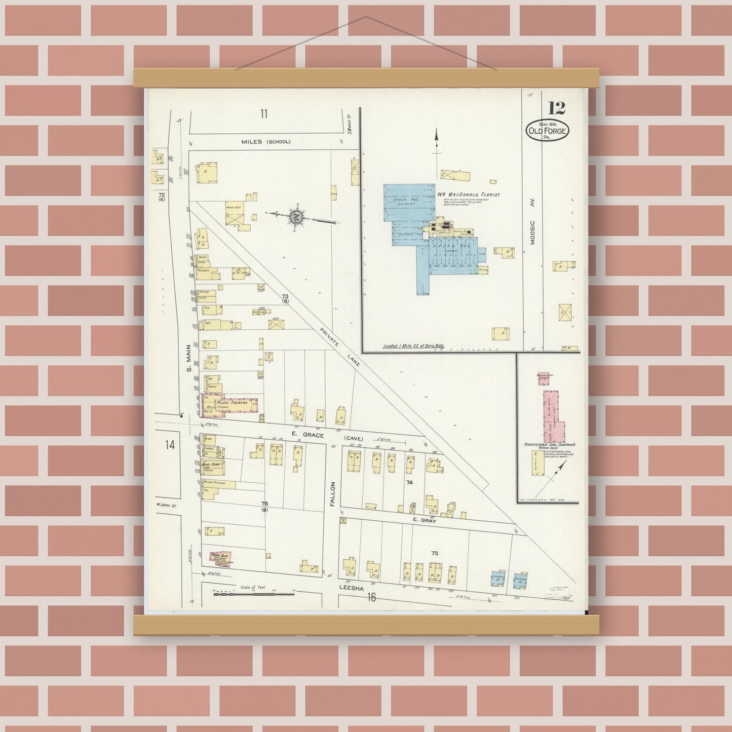 Old map wall art mockup — magnetic wood frame on brick wall — Sanborn Fire Insurance Map from Old Forge, Lackawanna County, Pennsylvania (1914), Sheet #0012