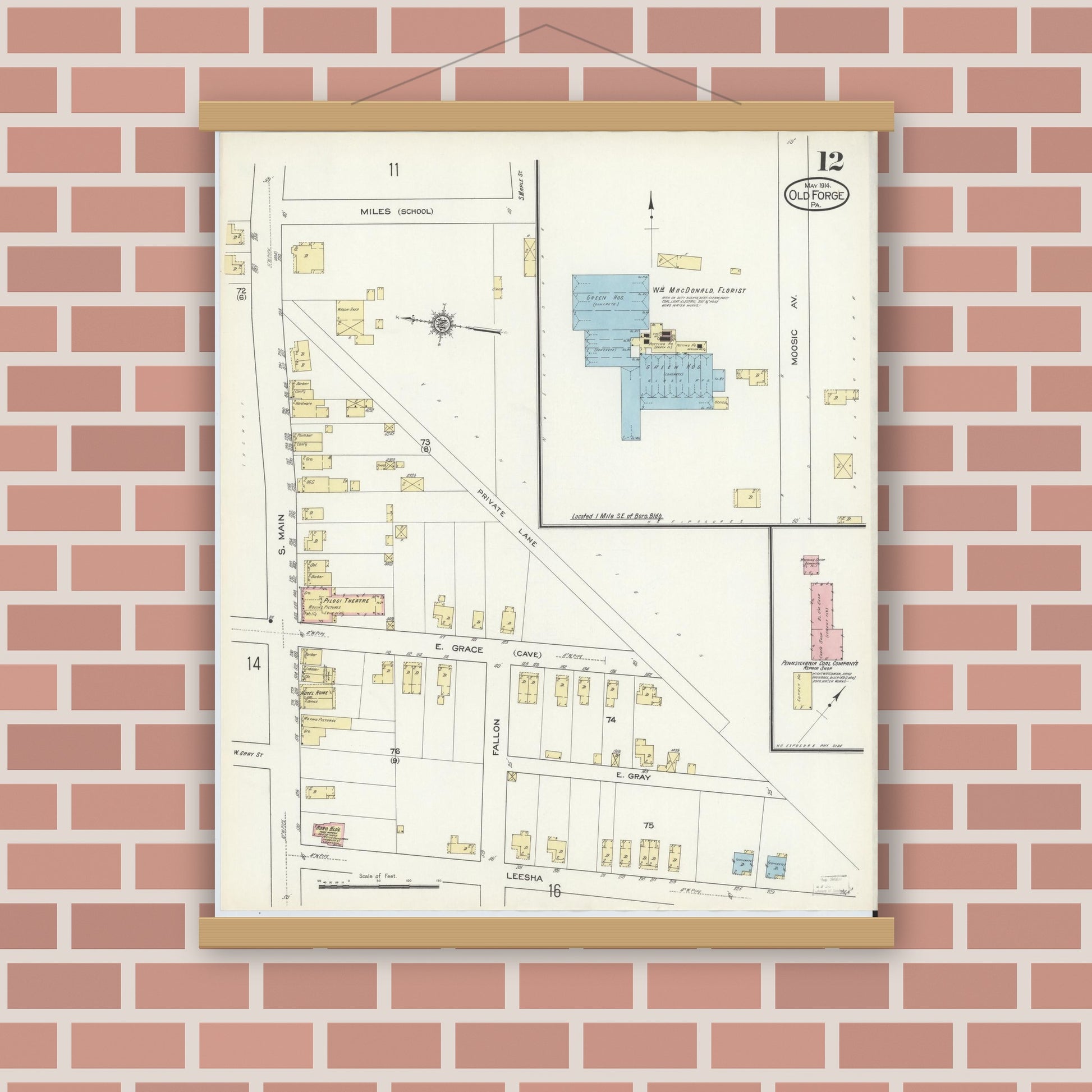 Old map wall art mockup — magnetic wood frame on brick wall — Sanborn Fire Insurance Map from Old Forge, Lackawanna County, Pennsylvania (1914), Sheet #0012